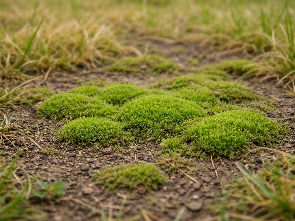 Close-up van groen mos in kale, verzwakte grasgrond met vergeelde grassprieten eromheen.