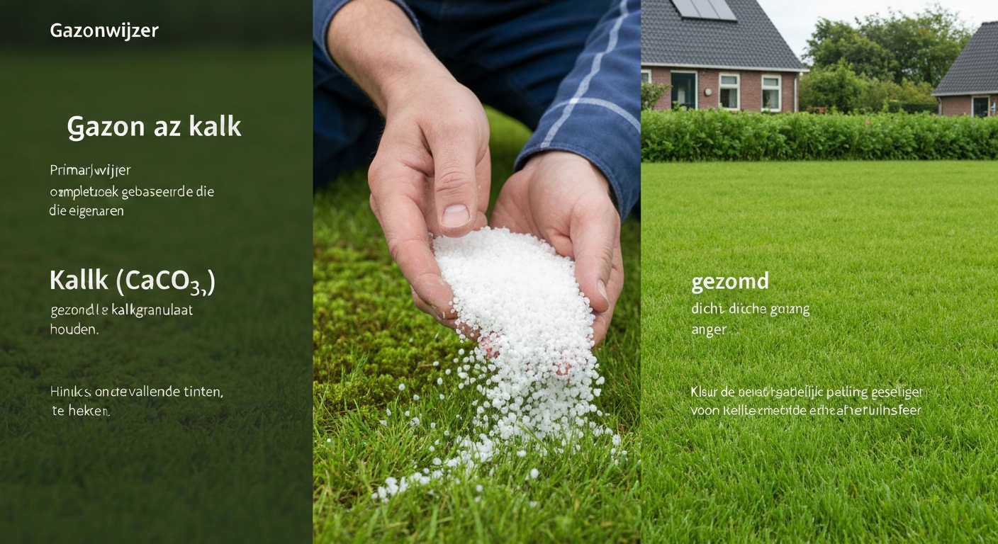 Gezond groen gazon naast mosrijk geel gazon; persoon strooit fijn kalkgranulaat met handstrooier