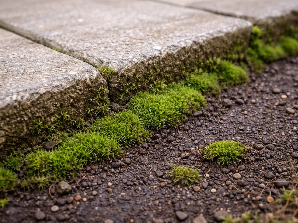 Close-up van mos in groene vlekken langs de terrasrand, met zichtbare verdichting in de grond