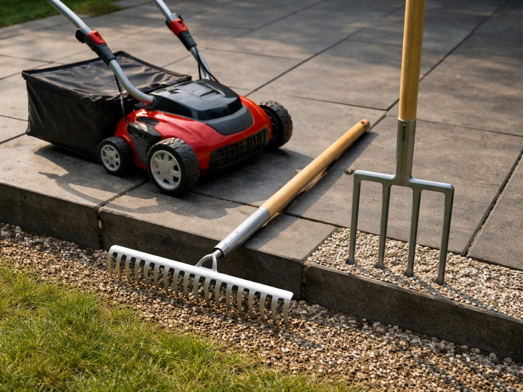 Gereedschappen voor gazonherstel staan klaar op de terrasrand: verticuteermachine, hark en beluchtingsvork.