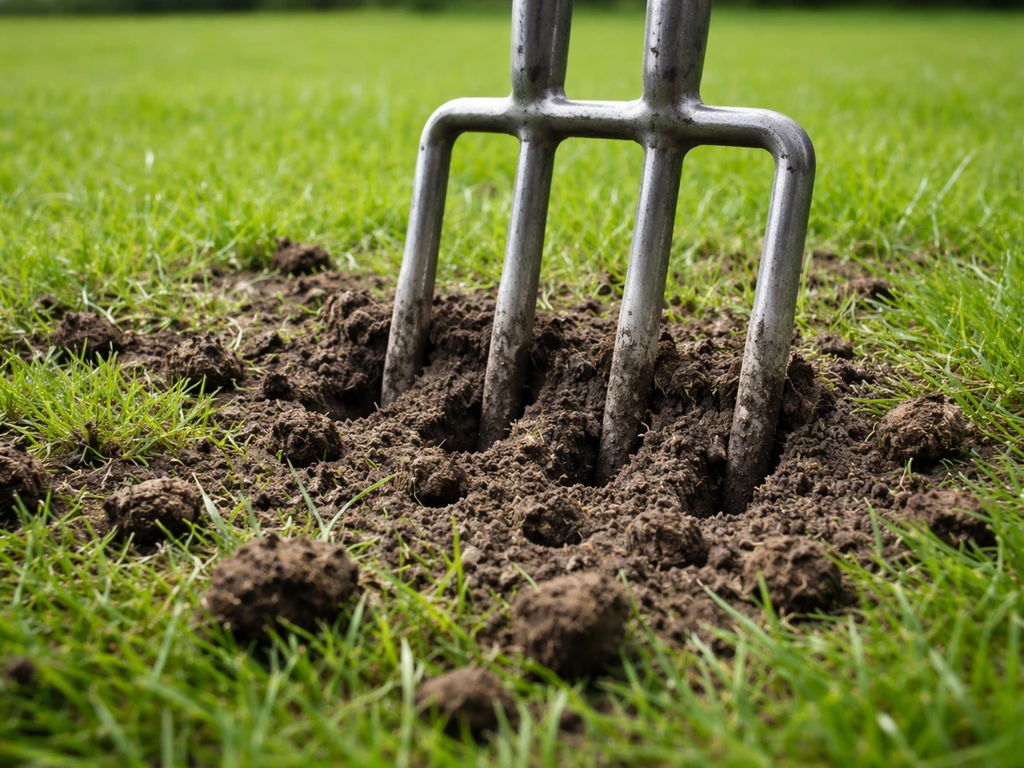 Beluchtingsvork prikt gaatjes in een gazonbodem, met opengewerkte grond en losse aarde tussen het gras.