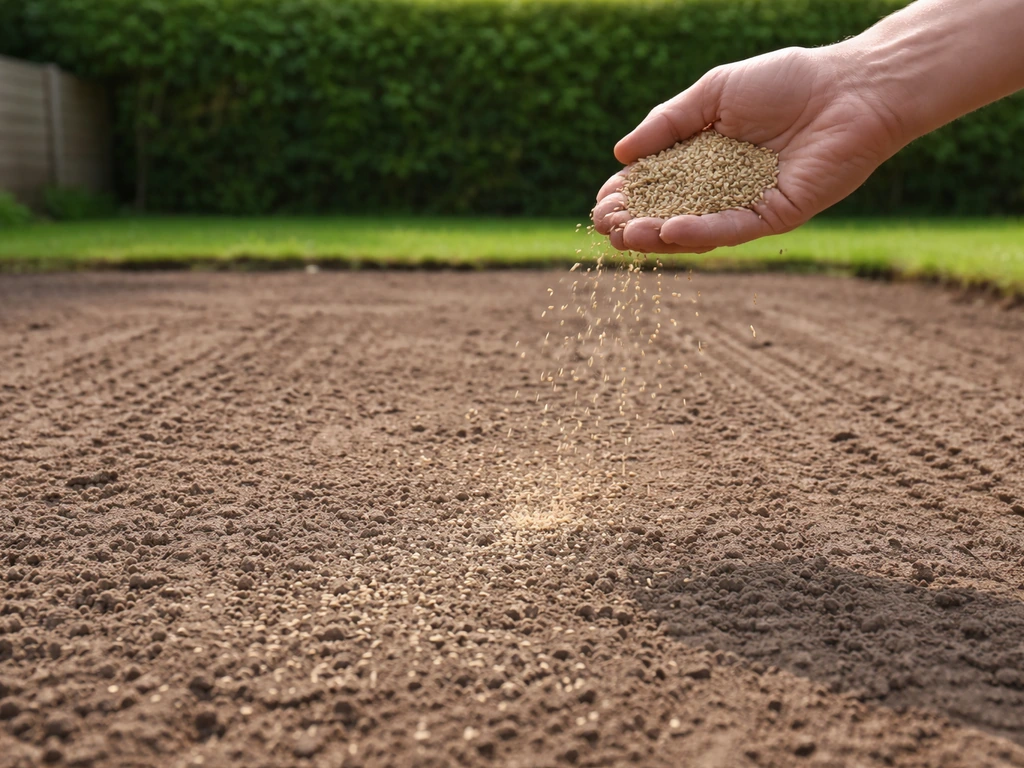 Hand strooit graszaad uit op een geëgaliseerd zaaibed in een Nederlandse achtertuin.