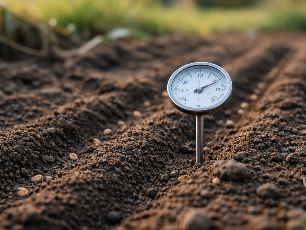 Close-up van een bodemthermometer in het zaaibed met voorjaarse aarde bij daglicht