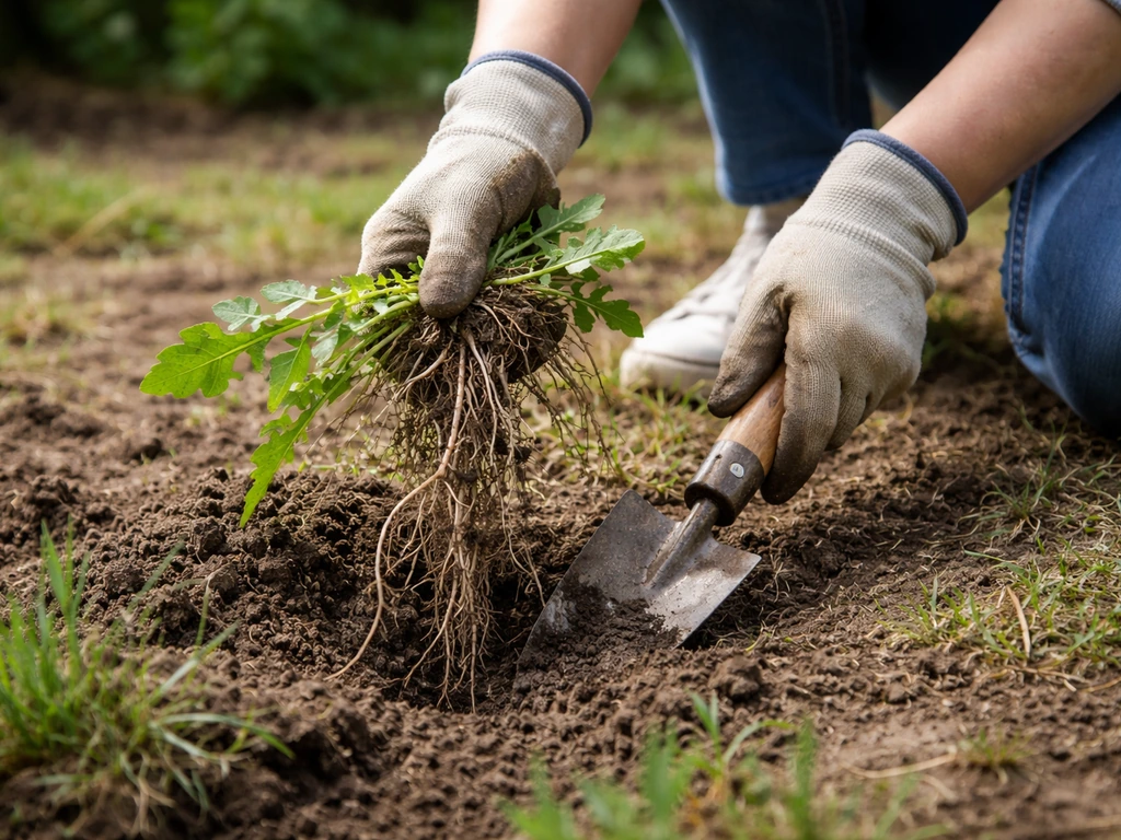 Hand die onkruid met zichtbare wortels uit de grond trekt in een tuin vóór het gazon inzaaien.
