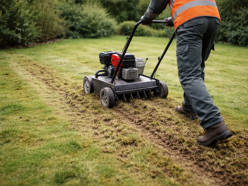 Werking van verticuteermachine en beluchtings-tanden op een viltig gazon, opengescheurde grasstroken.