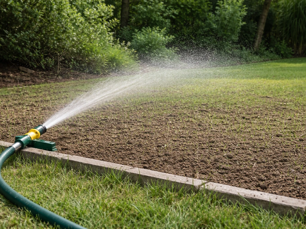 Tuinslang/sproeier geeft gelijkmatig water over een net ingezaaid gazon met prille sprietjes.