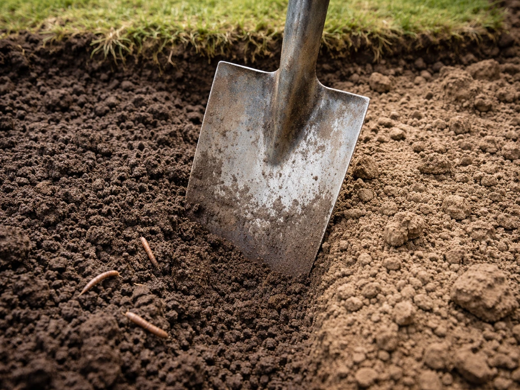 Close-up van een spade in de bodem met zichtbaar verschil in grond en regenwormen tussen kluiten.
