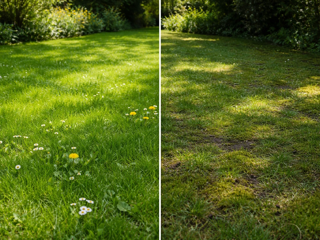 Gesplitst beeld: links dicht zonnig gras, rechts schaduwrijk gazon met meer mos en ijler gras.