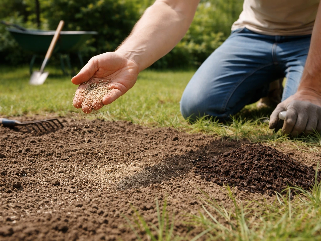 Hand die zaaimengsel over een licht losgemaakt gazon strooit en daarna licht afdekt met compost