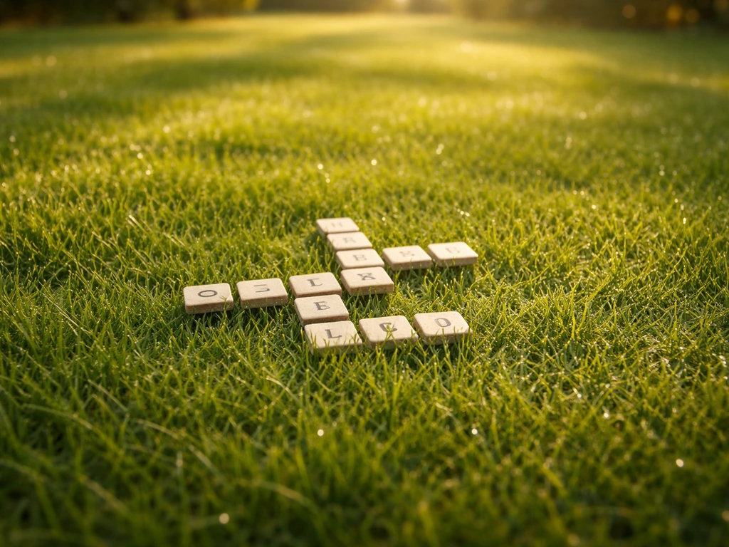 Strak groen gazon met subtiele letterachtige vormen in het gras die doen denken aan een puzzel.