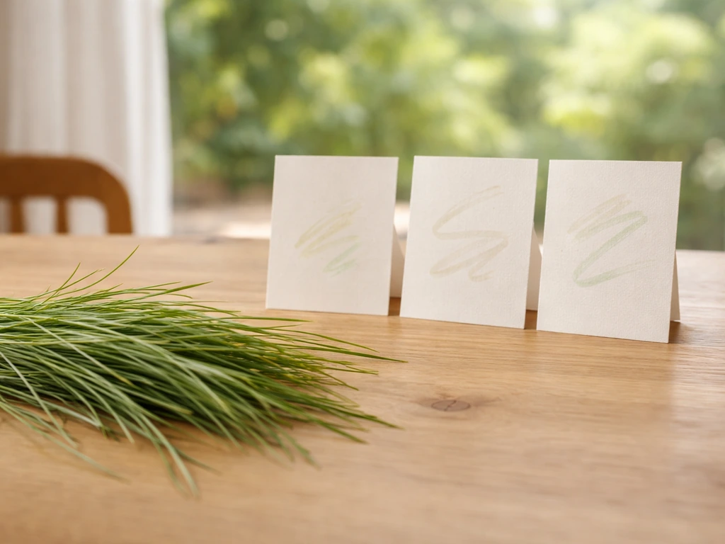 Minimalistische foto van groen gras en vage kaartjes op tafel, met een onscherpe tuin op de achtergrond.