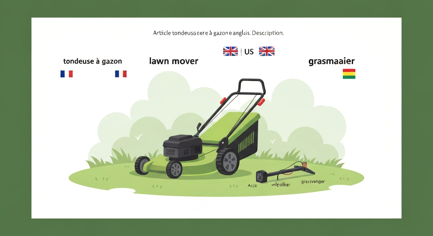Vectorillustratie van een grasmaaier met de labels 'tondeuse à gazon', 'lawn mower' en 'grasmaaier' en kleine vlag-icoontjes voor Frankrijk, VK/VS en Nederland.