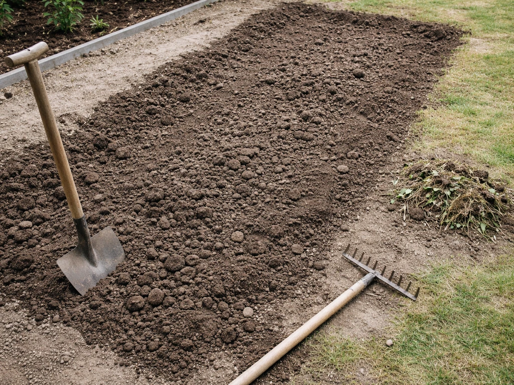 Losgemaakte tuinbodem met aarde, schop en hark, plus verwijderde wortelresten voor het inzaaien van gras.