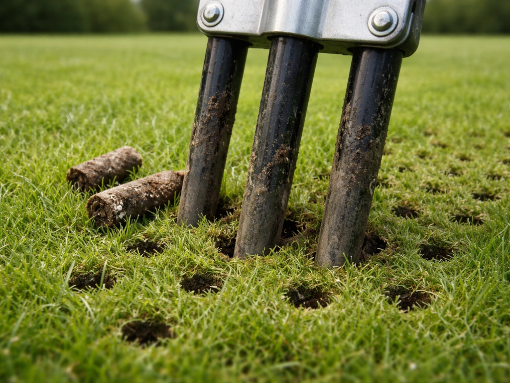 Hulpstuk voor beluchten in een groen gazon, met zichtbare gaatjes en uitgehaalde kernpluggen