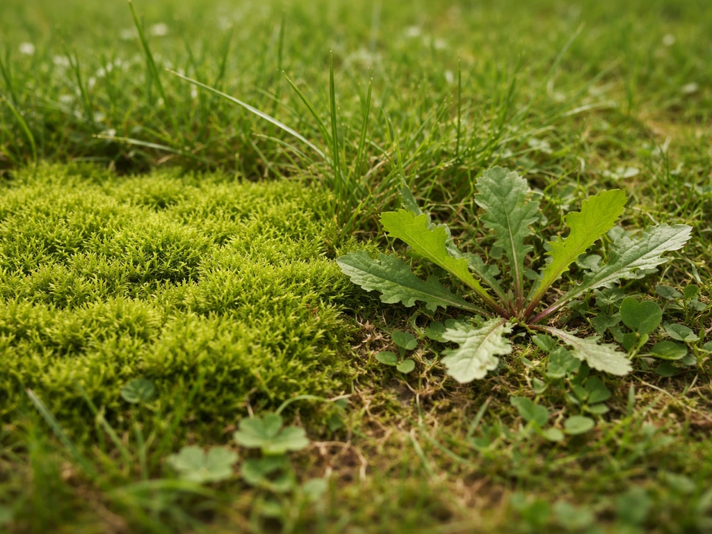Close-up van mos als kussenachtige groene laag tussen grashalmen, met onkruid zoals paardenbloem in hetzelfde gazon.