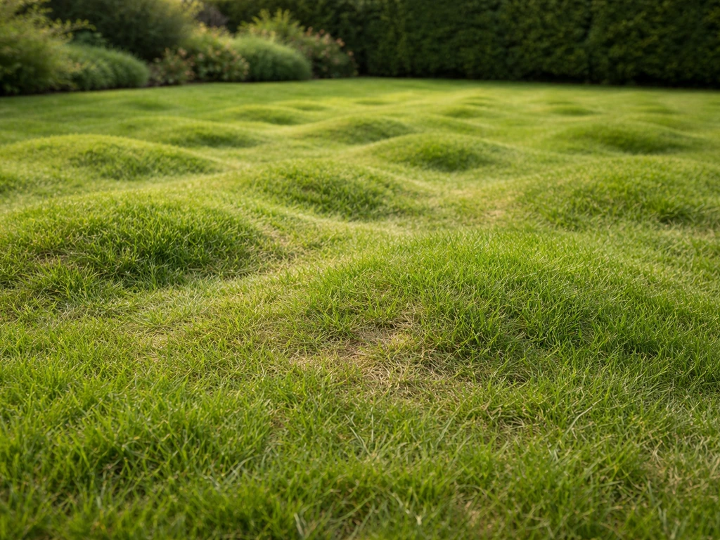 Nederlands siergazon met zichtbare gazonwellen en bobbelige plekken in de grasmat, in daglicht.