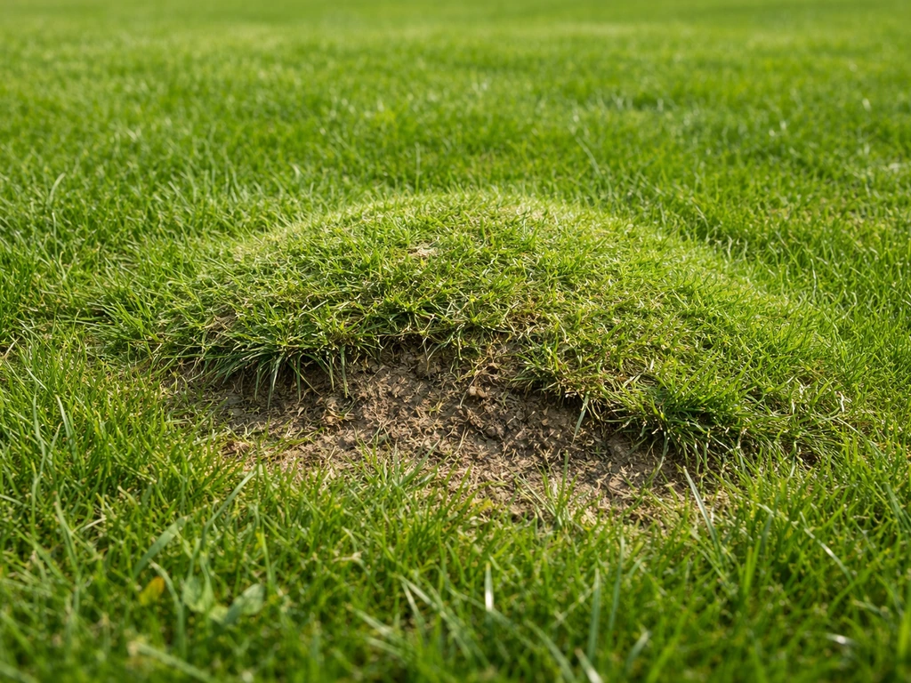Close-up van een gazonwel met gras dat omhoogkomt en op een plek kaal lijkt na het maaien.