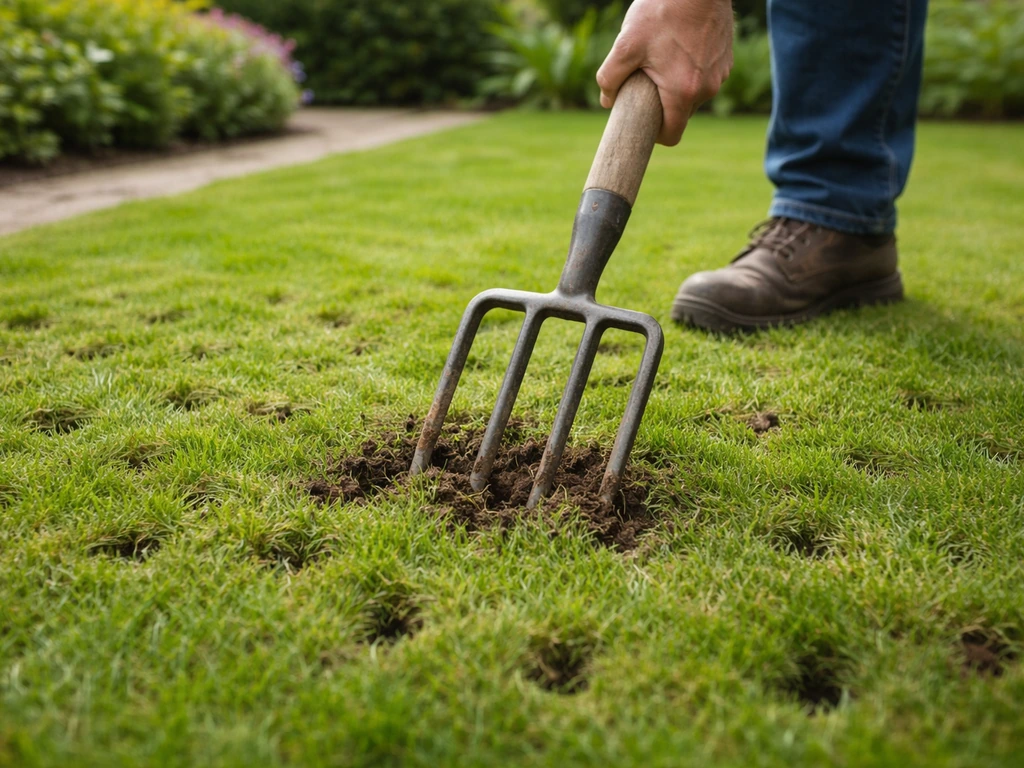 Tuinier met beluchtingsprikrol die gaten prikt in een groen gazon, duidelijke openingen in de grasmat.