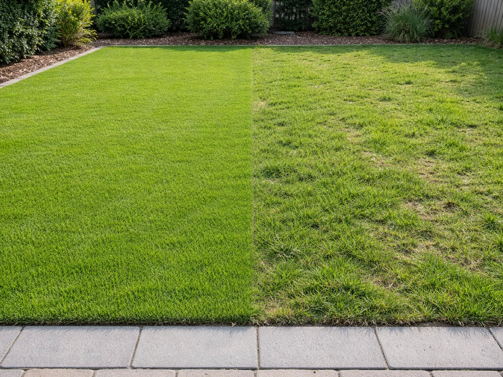Strak siergazon naast een functioneel grasveld, met zichtbare dichtheid en afwerking in een tuin