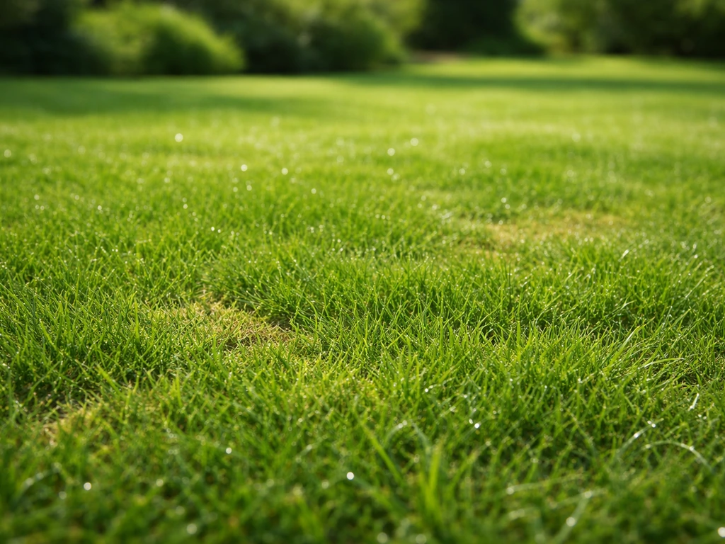 Intensief belopen, dicht en groen gazon onder fel zonlicht met waterdruppels op het gras.