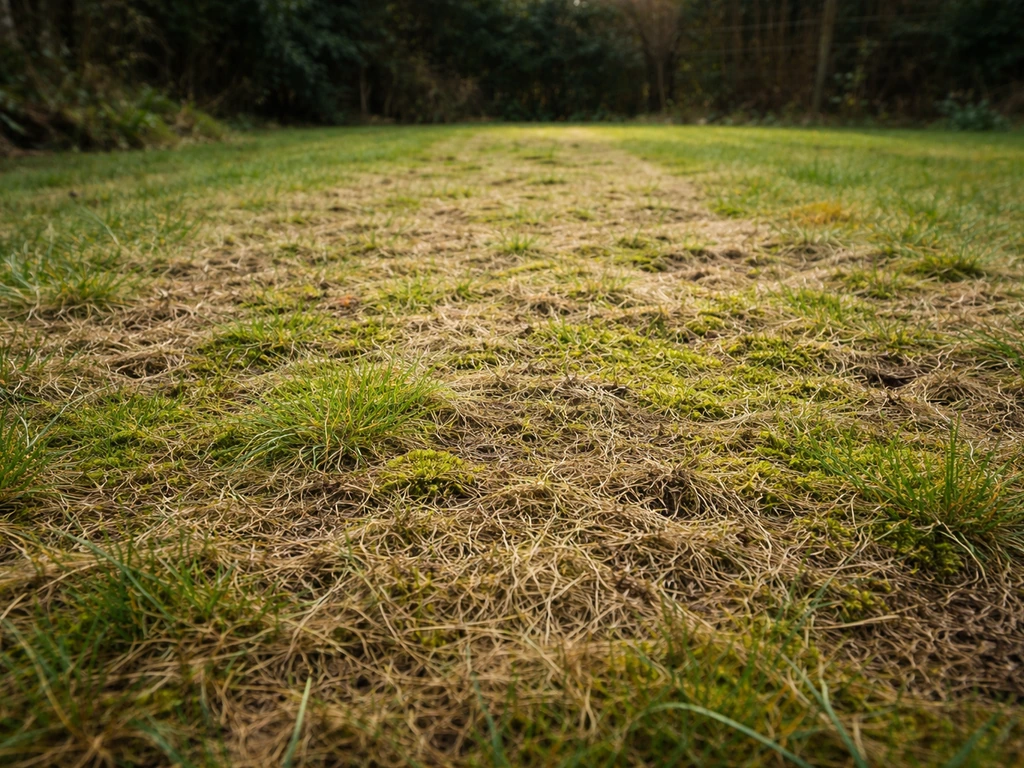 Afgegrendelde strook gazon met zichtbare mosplekken en verdichting/viltlaag, klaar voor diagnose.