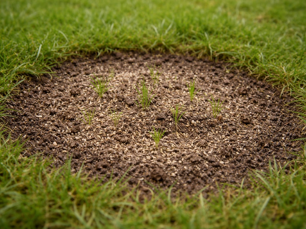 Kale plek in gazon waar grond is doorgeprikt en zand/turfmolm met zaad ligt, met jonge zaailingen.