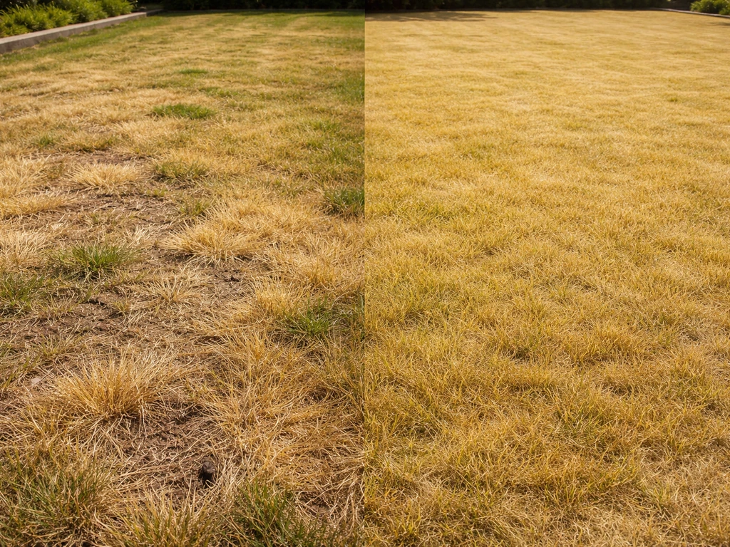 Geel verkleurde tuin met verdroogde plekken en daarnaast egaal geel gazon in natuurlijk licht