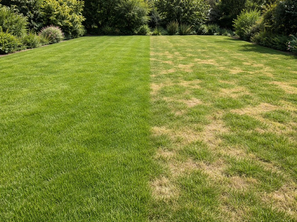 Gazon in twee zones: links gelijkmatig geelgroen, rechts pleksgewijze gele vlekken in het gras.