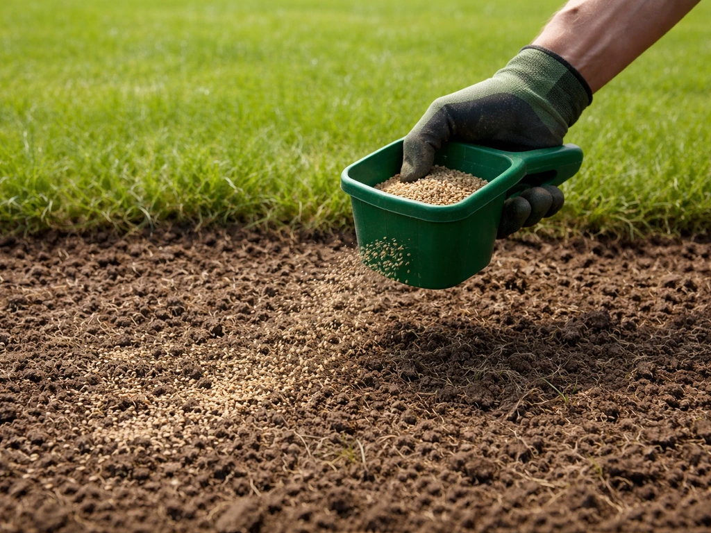 Hand met strooier die gazonzaden uitstrooit op kaal, verticuteerd gras voor herstel.