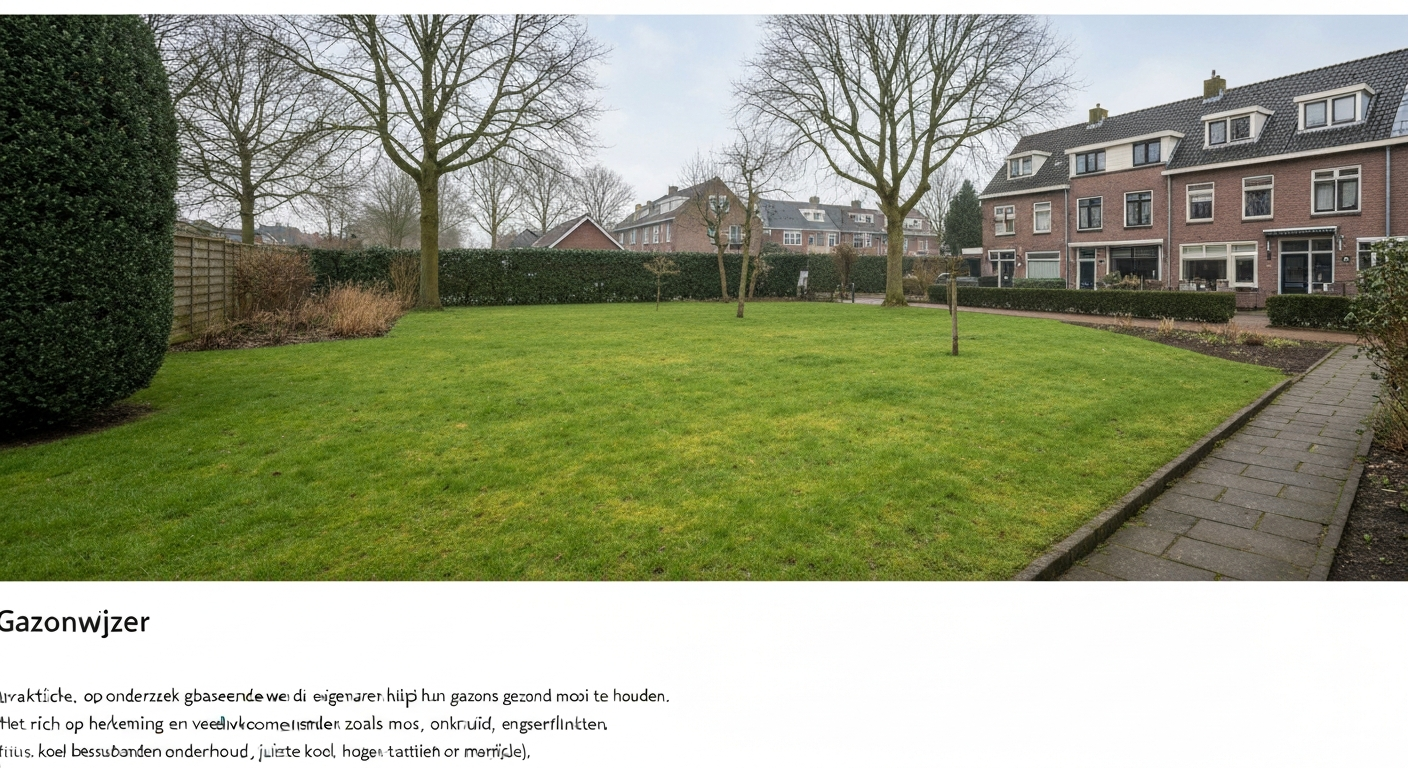 Nederlandse achtertuin in de winter met geel gazon door winterrust, bakstenen pad en houten schutting, diffuse bewolkte lucht.