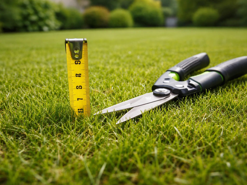 Tuinschaar naast een roestvrij maaigereedschap met meetlint op een gazon, 30–40 mm als referentie.