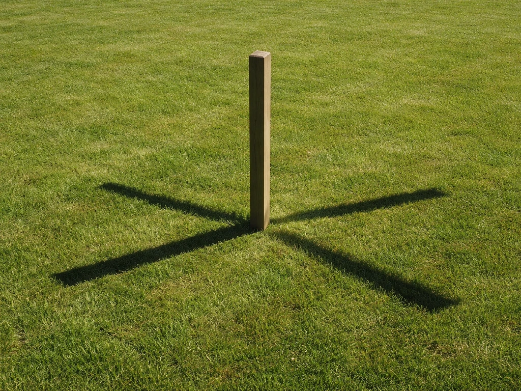 Zonnig gazon met duidelijke schaduw van een paal, waarbij drie tijdstippen gesuggereerd worden door schaduwposities.