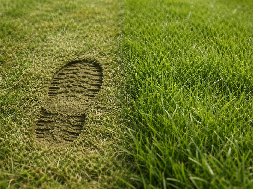 Hobbelige grasmat met duidelijke verschillen: een verdichte plek veert minder terug dan een luchtige plek