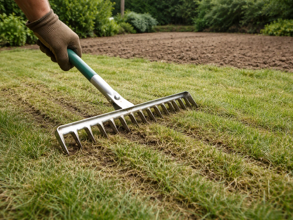 Tuinrenovatie: verticuteren van een gazon met een metalen hark, met kale strook grond klaar voor verbetering.