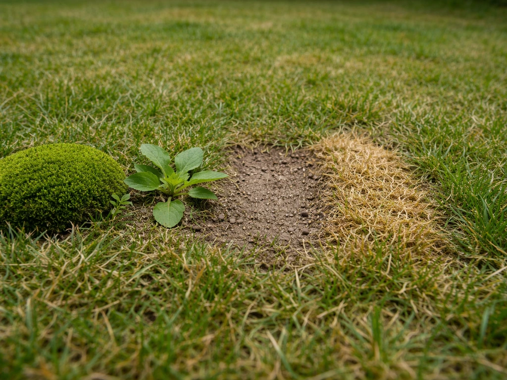 Close-up van gazonplekken: mos, onkruid, kale plekken en geel/bruin verdroogd gras.