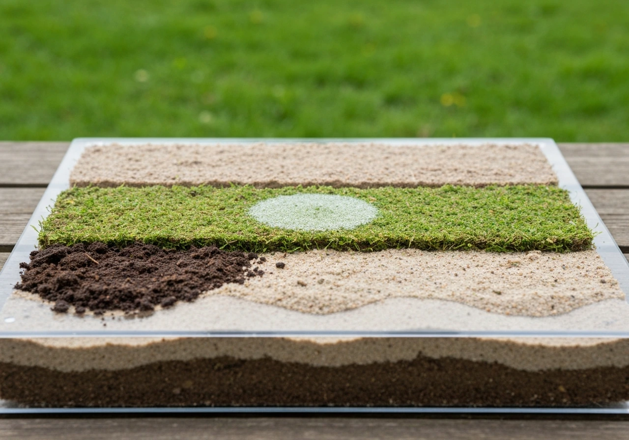 Realistische 3D-gelaagdheid van gazonbodem in een tuinbak, met focus op mosherstel en bodemlagen