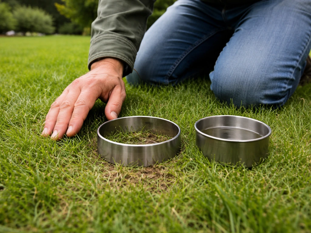 Anonieme persoon test een grasveld met een kleine ring en voelt de grasmat aan in een tuin in Nederland.
