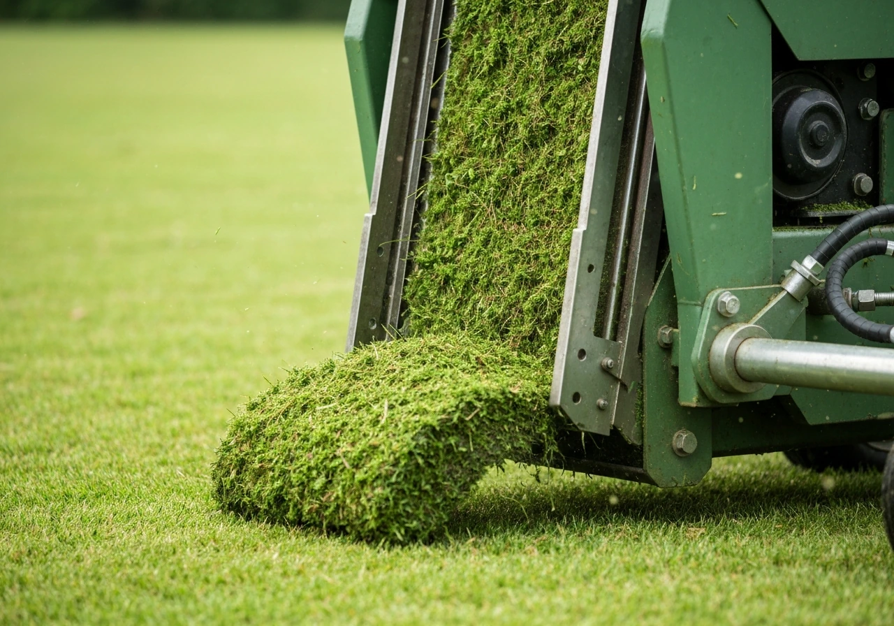 Verticuteermachine die verticale pennen in gazon steekt, mos en grasvilt losmaakt met resten op de grond.