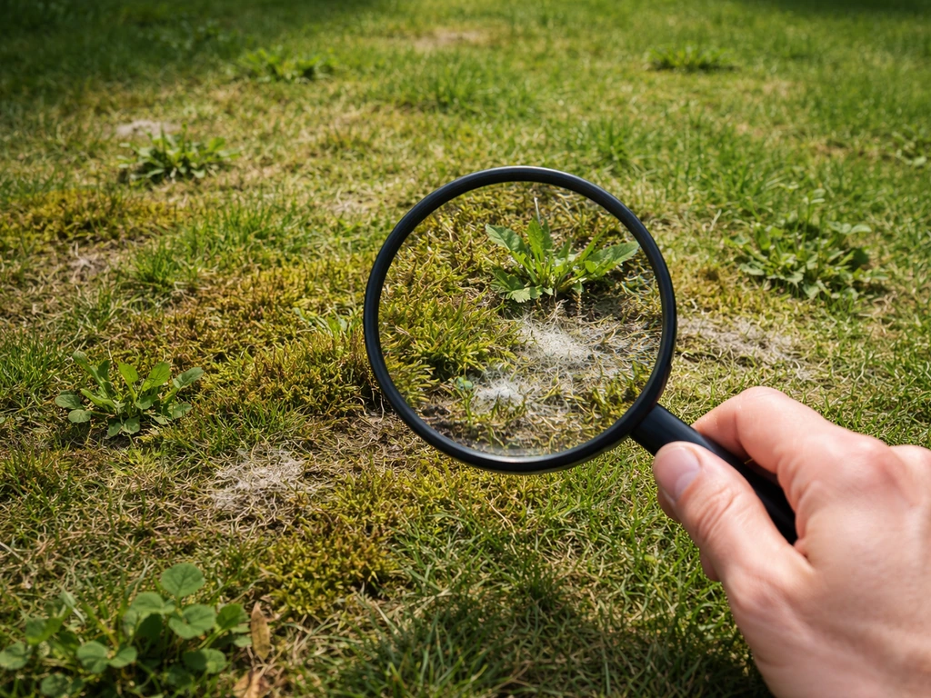 Hand met vergrootglas onderzoekt een gazon met mos-, onkruid- en schimmelplekjes.