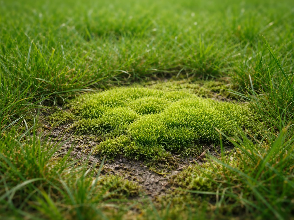 Close-up van een gazon met duidelijk mosrijke plekken tussen het gras, met zachte natuurlijke textuur.