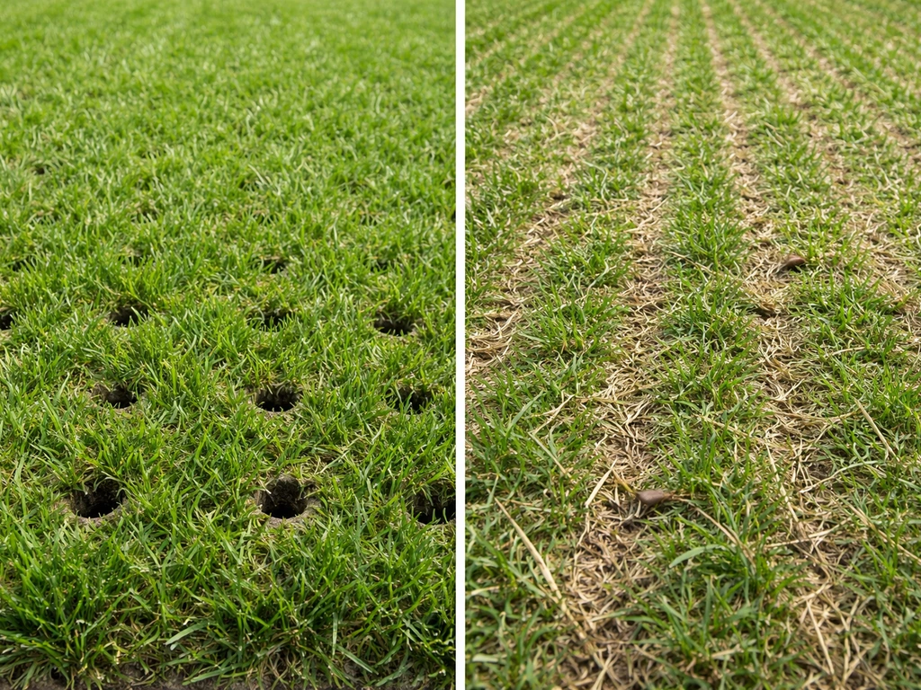 Links beluchte grasmat met prikgaten, rechts verticuteren met open gesneden sleuven in de grasmat.