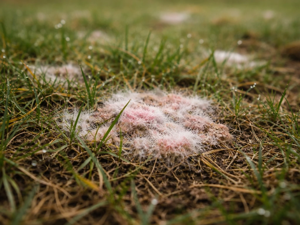 Close-up van roze-witte schimmelplekken op het gazon, passend bij sneeuwschimmel of ‘dollar spot’.