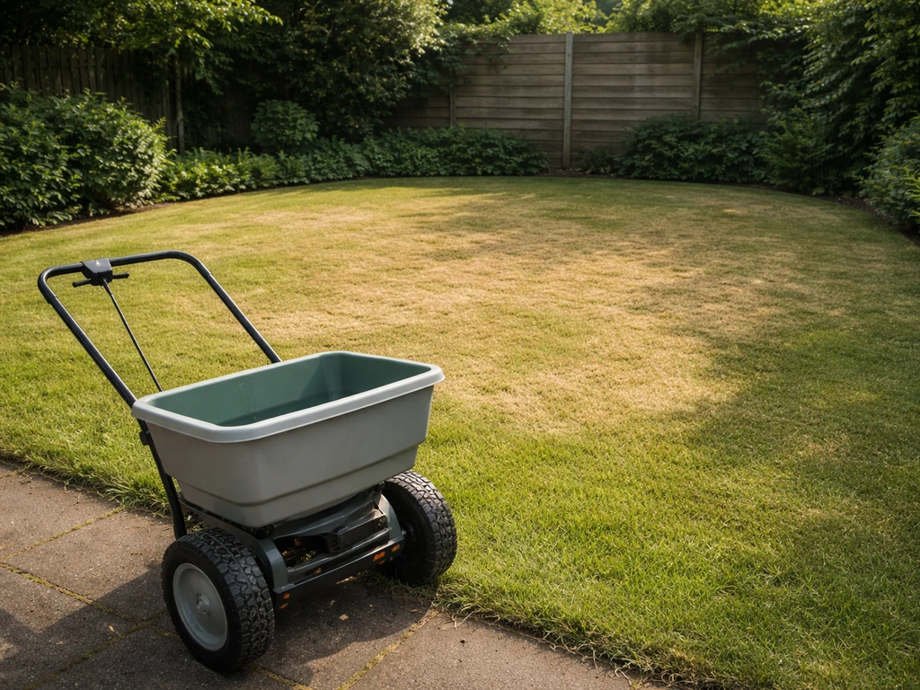 Droog, licht verdord gazon met meststrooier in een rustige tuin tijdens warme zomerdagen