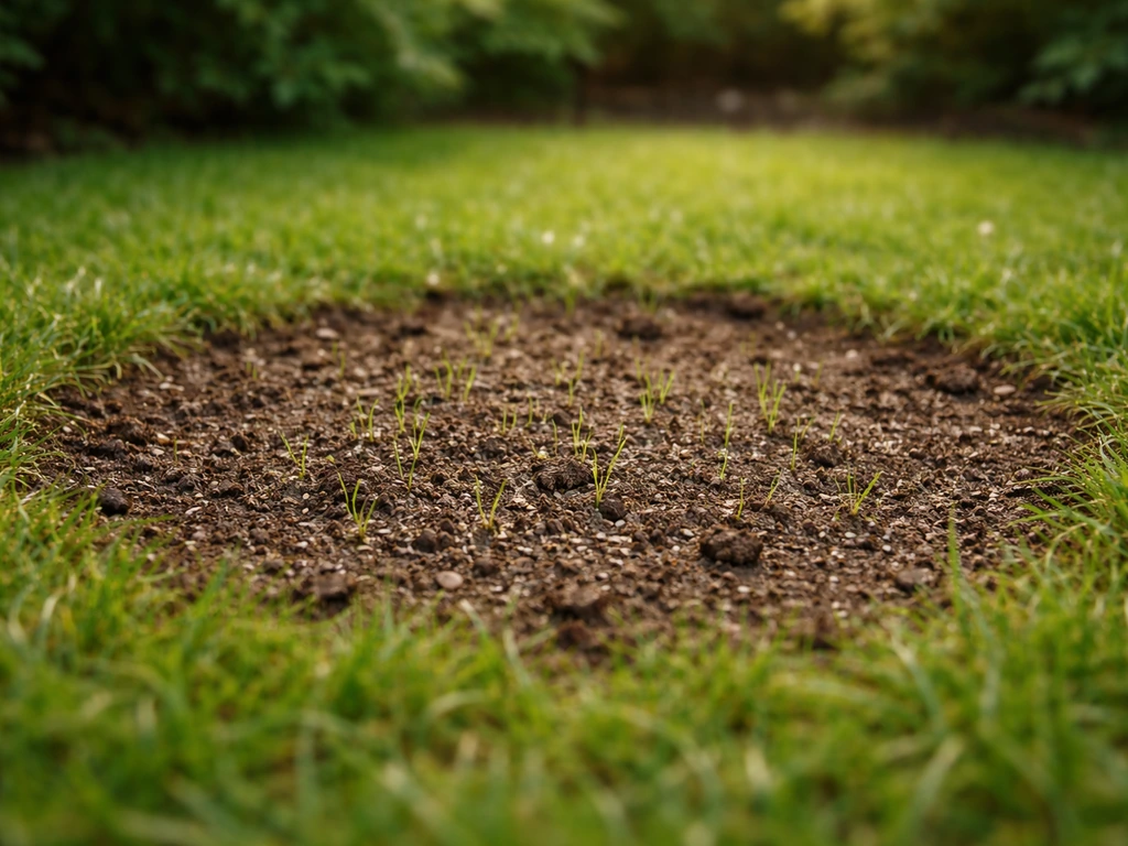 Gazonherstel: kaal plekje met omgewerkte aarde en jonge kiemplantjes in een rustige tuin
