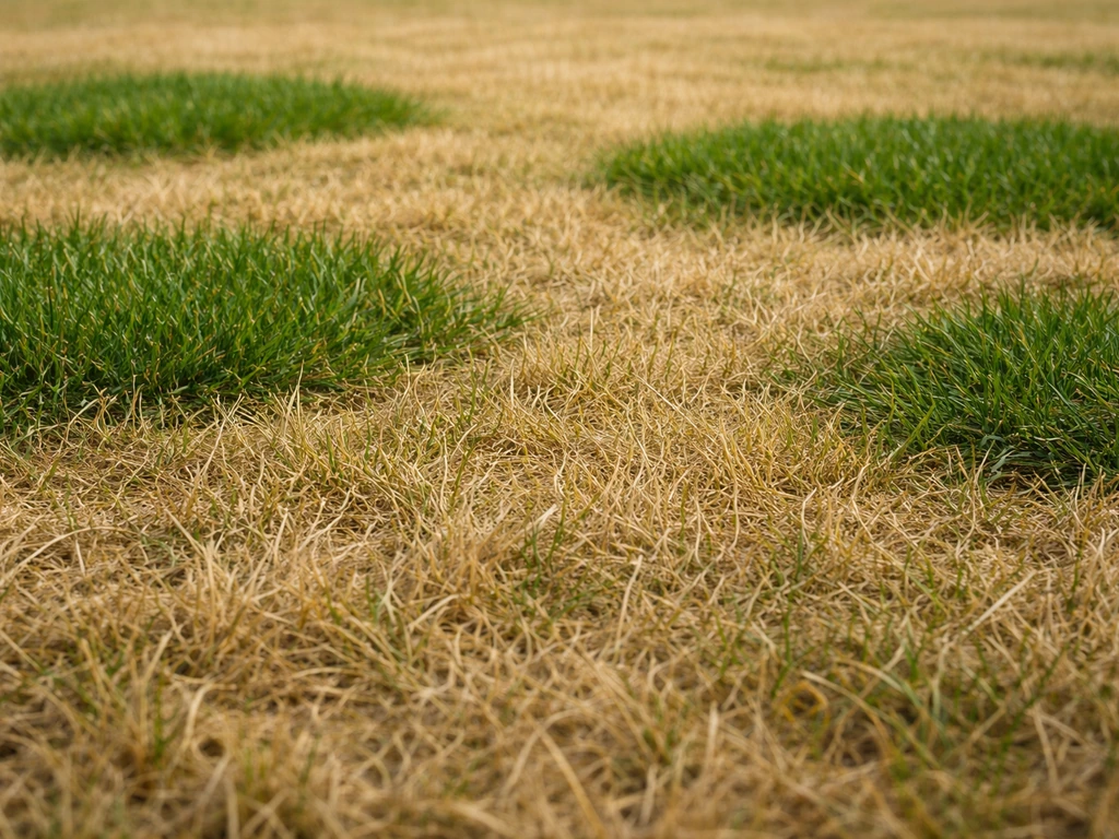 Close-up van gazon met duidelijk patroon: egaal geel gras en enkele plekken zichtbaar