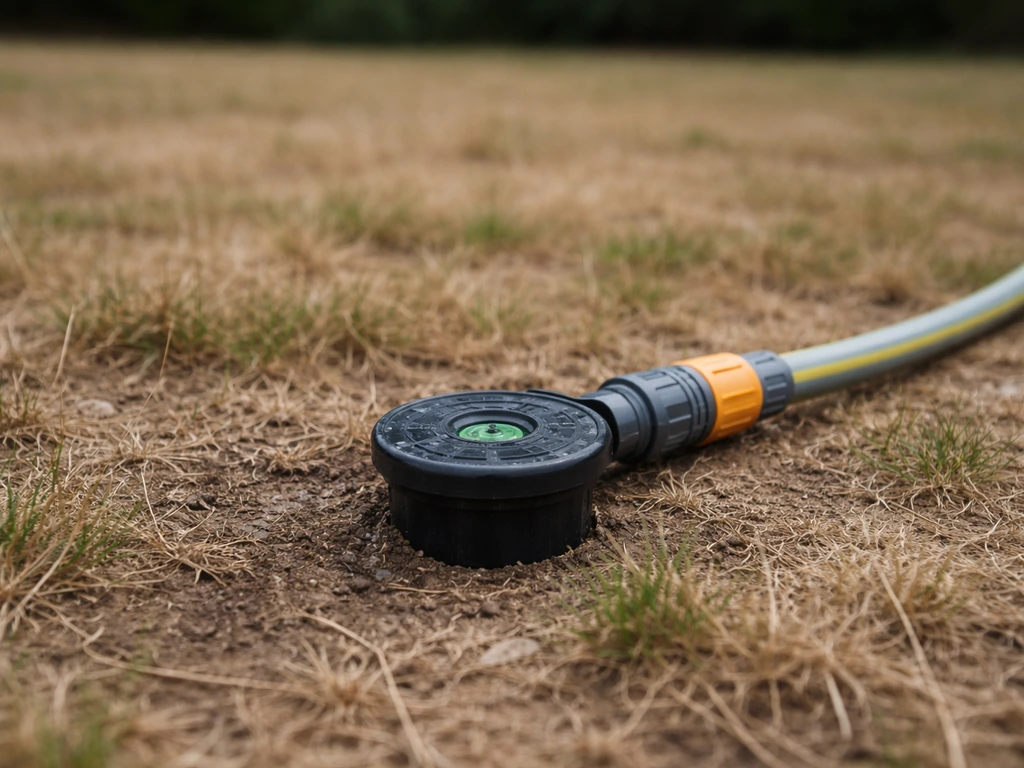 Beregeningskop met tuinslang bij een droog gazon, als teken van te weinig of onregelmatig water.