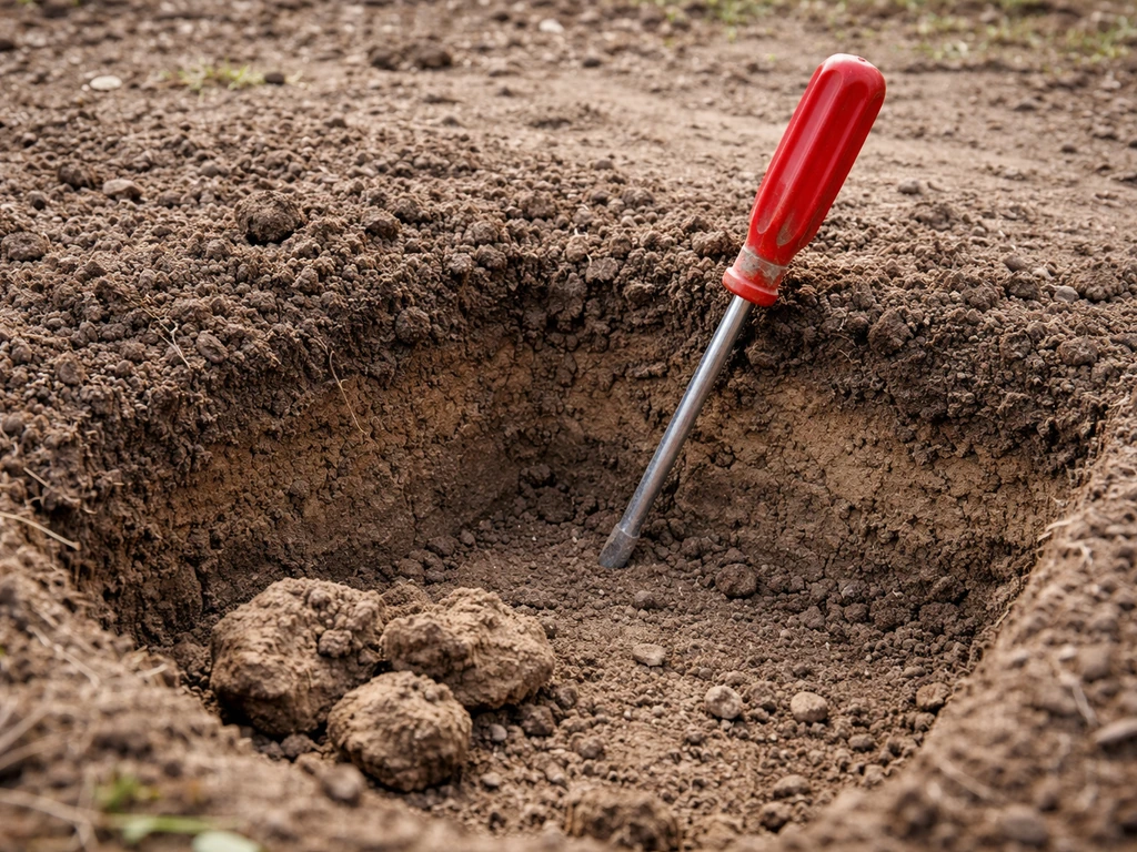 Kleine proefplek met kruimelige, compacte grond en een schroevendraaiertest naast de put