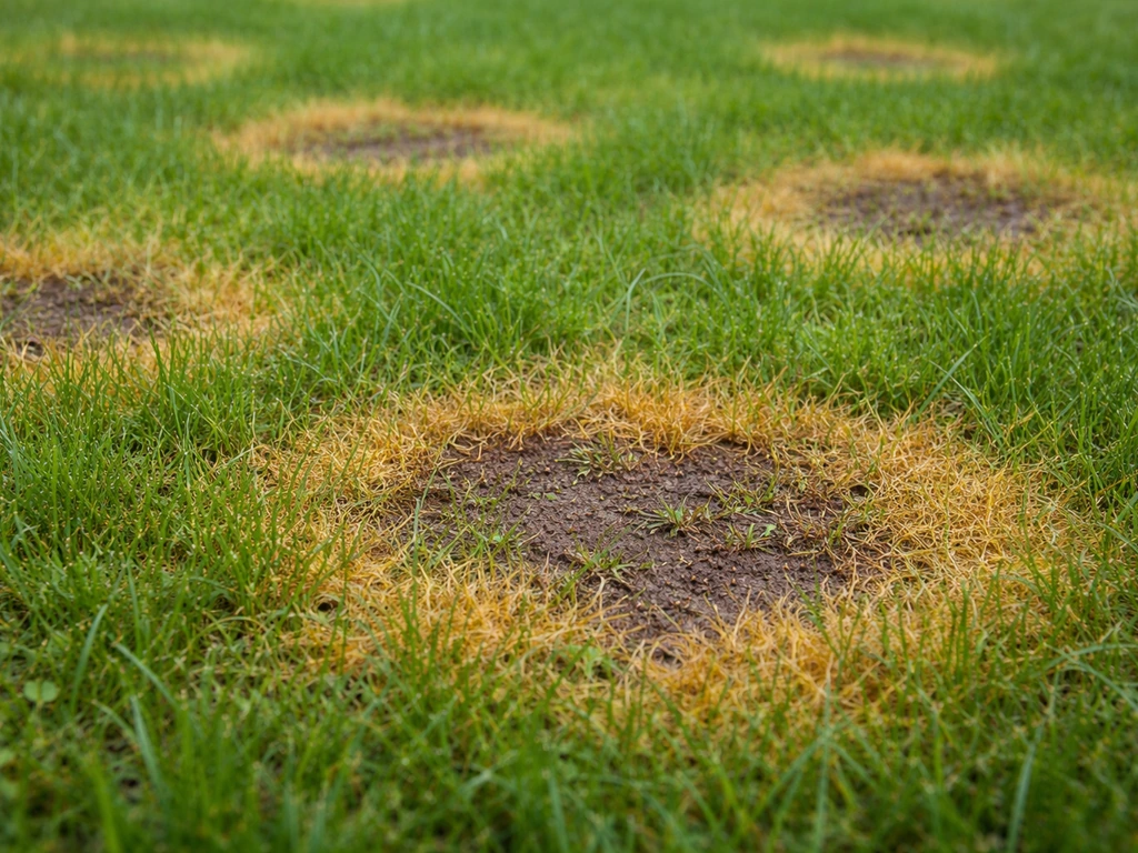 Geelbruine ronde plekken in een gazon met subtiele rand, close-up van schimmelherkenning.