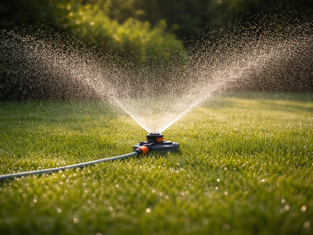 Vroeg in de ochtend gazon besproeid met dauw, sproeier geeft gelijkmatig water in een rustige tuin