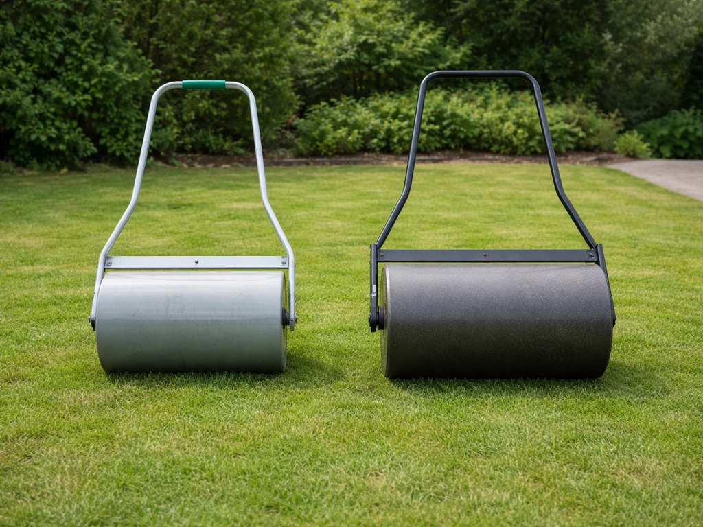 Twee gazonwalsen op gras: links een lichte wals, rechts een zware wals—duidelijk verschil in massa.